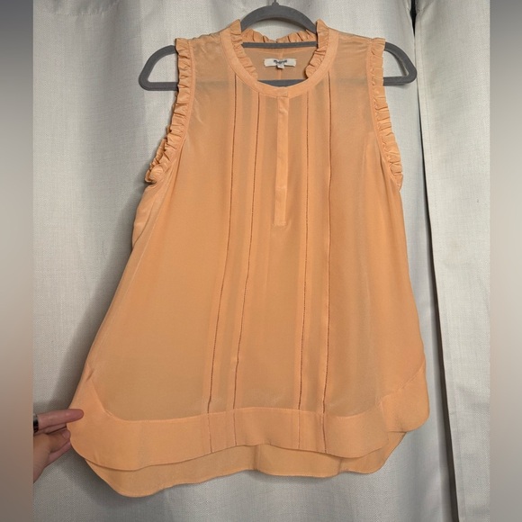 Madewell Pleated Ruffle Peach Silk Sleeveless Blouse - Picture 4 of 9